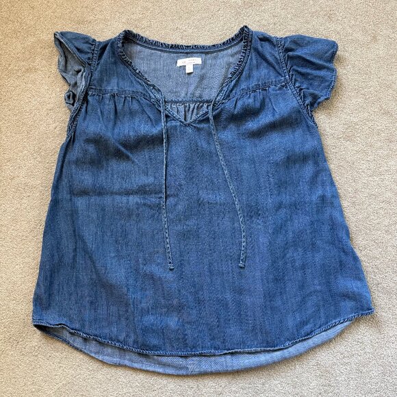 LC Lauren Conrad Blouse L Chambray Denim Look Smocked Sleeve Boho Peasant Top - Picture 1 of 7